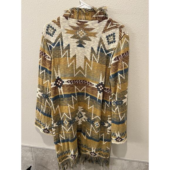Blue B Aztec W/ Fringe Open Cardigan Size S. Cream, Tan, Blue. - Picture 2 of 4